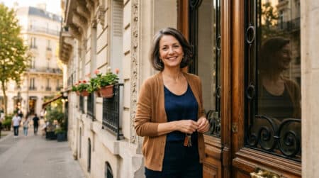 Gardienne d'immeuble souriante devant son immeuble parisien
