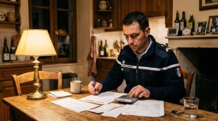 Gendarme calculant son budget familial le soir