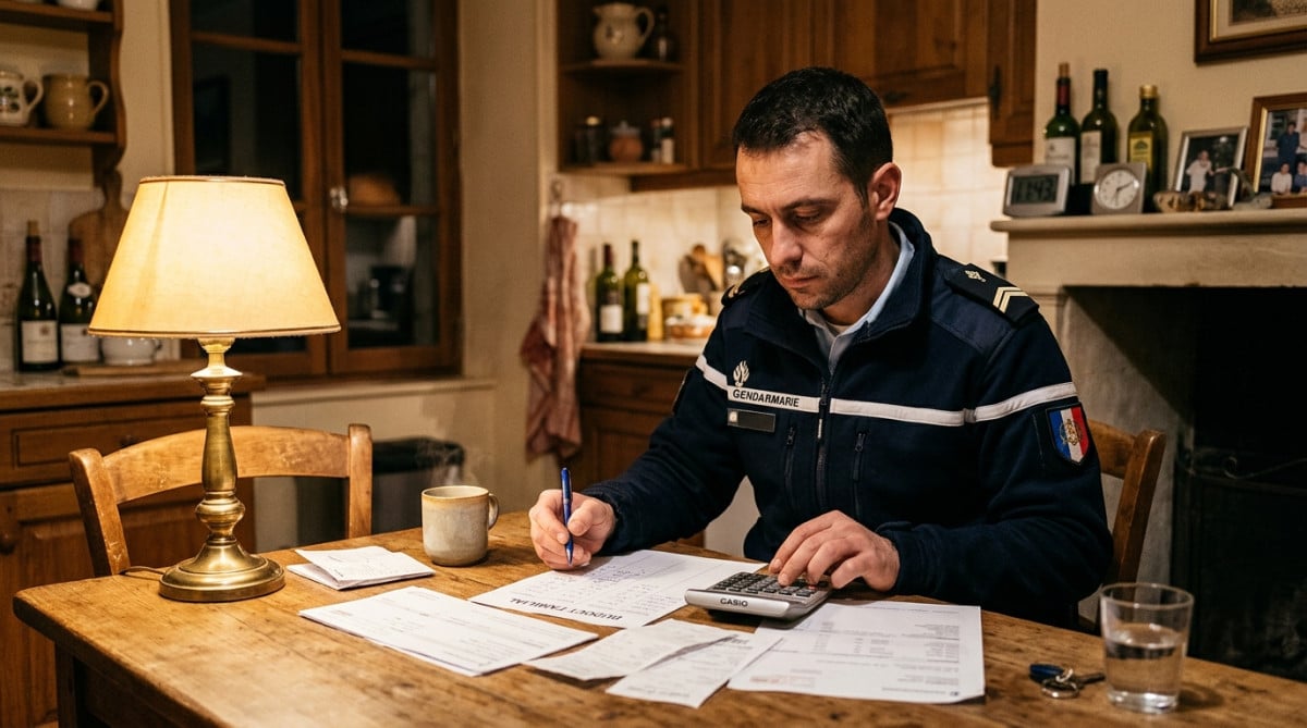 Gendarme calculant son budget familial le soir