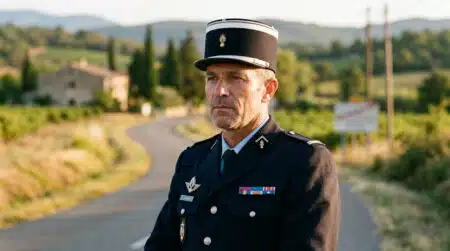 Gendarme français portant le képi noir et blanc traditionnel