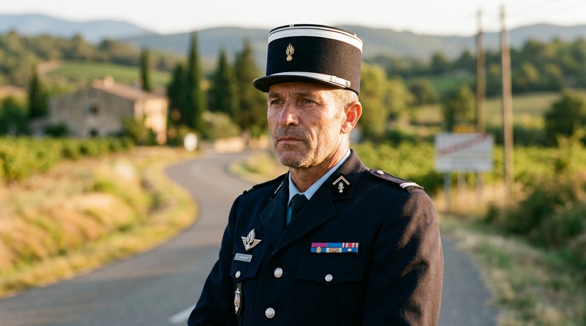 Gendarme français portant le képi noir et blanc traditionnel