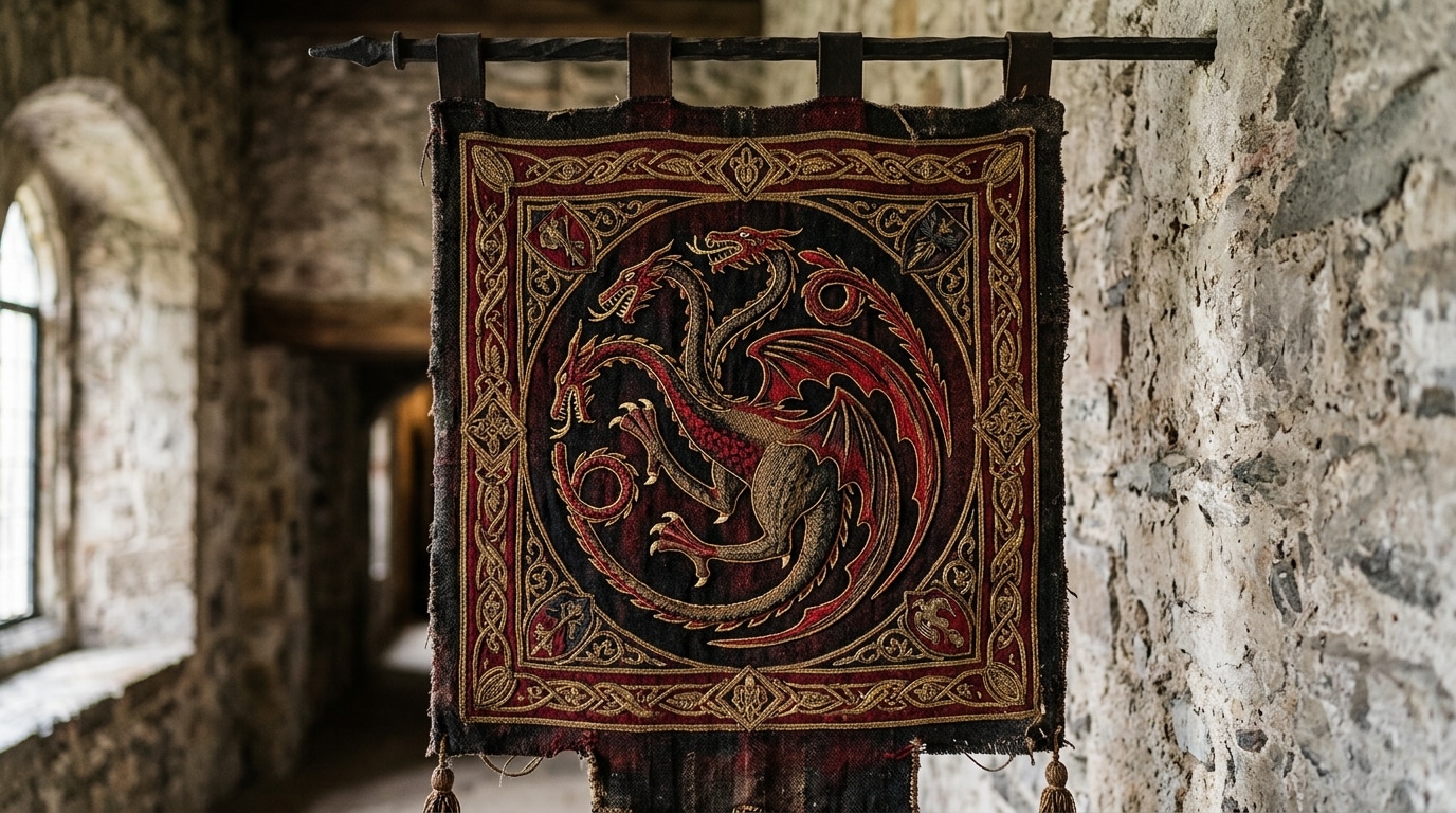 Tapisserie brodée représentant un blason de dragon fantasy aux couleurs rouge et noir