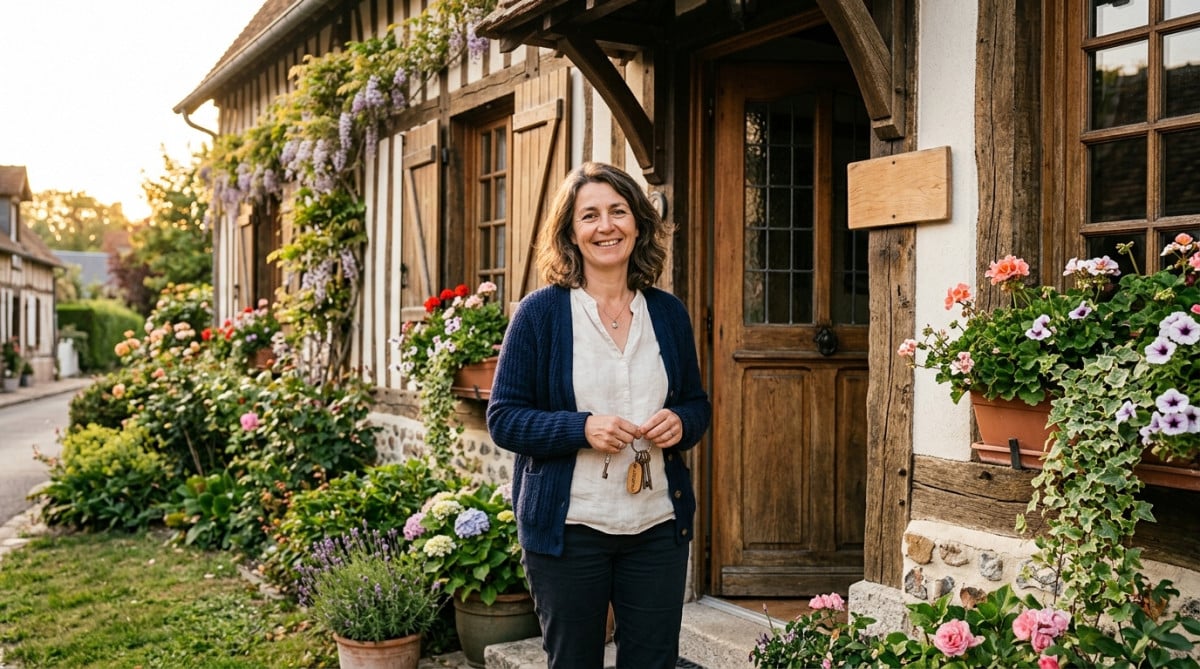Gérante de maison d'hôtes devant sa façade normande