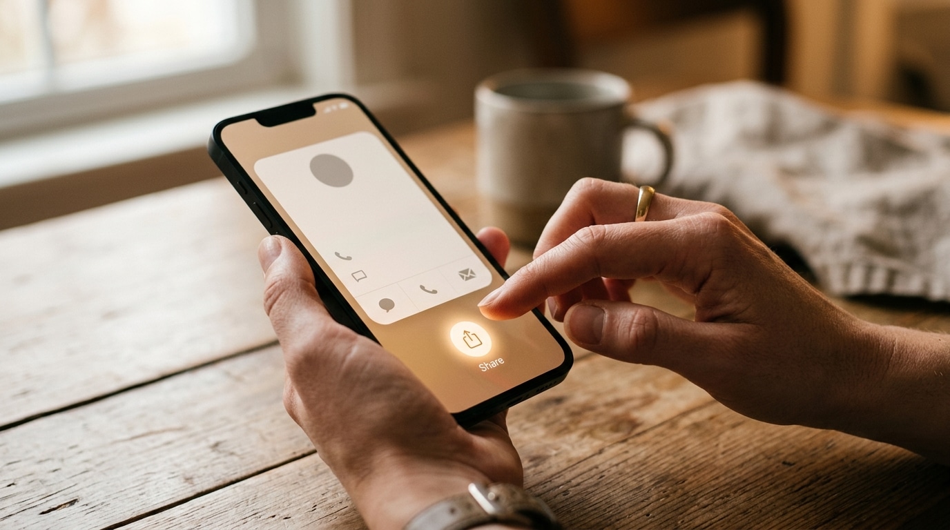 Main tenant un smartphone avec écran de partage actif