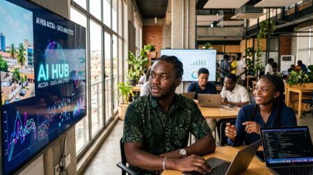 Entrepreneur africain travaillant dans un hub technologique moderne