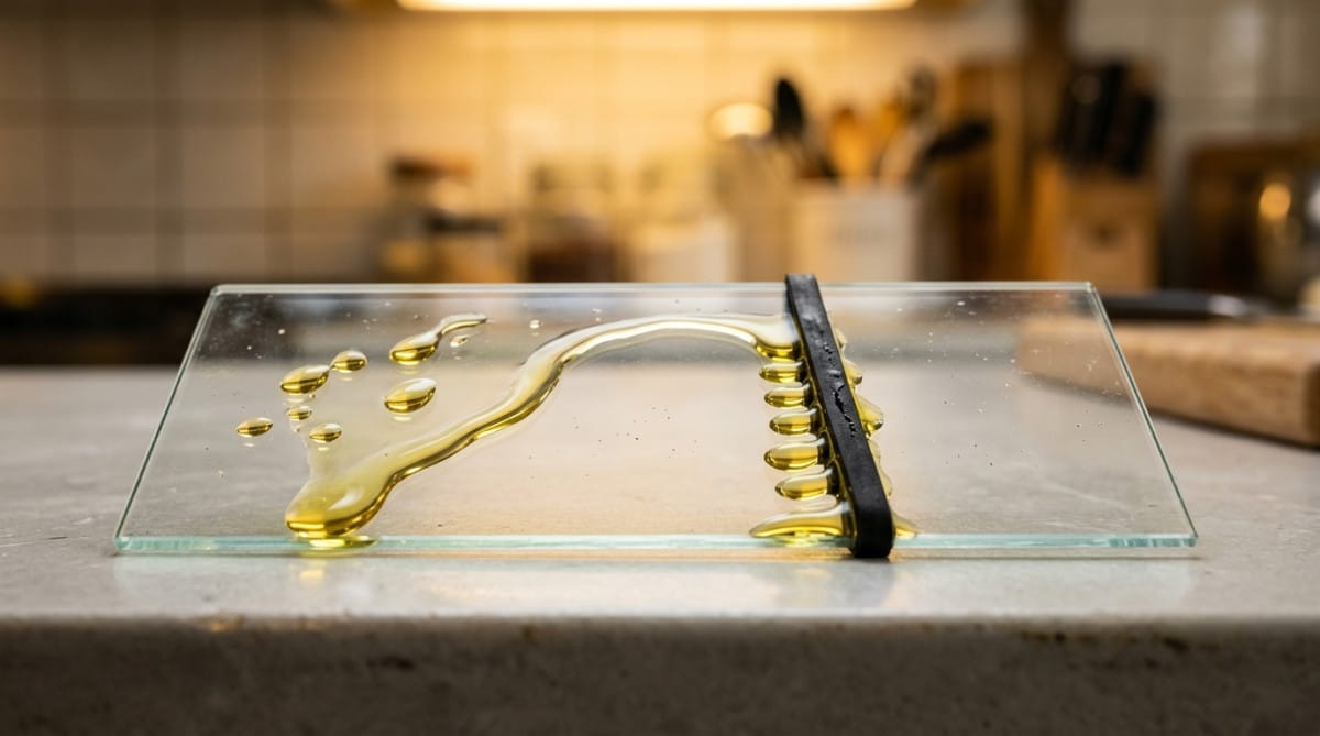 Goutte d'huile bloquée par un élastique sur bouteille en verre