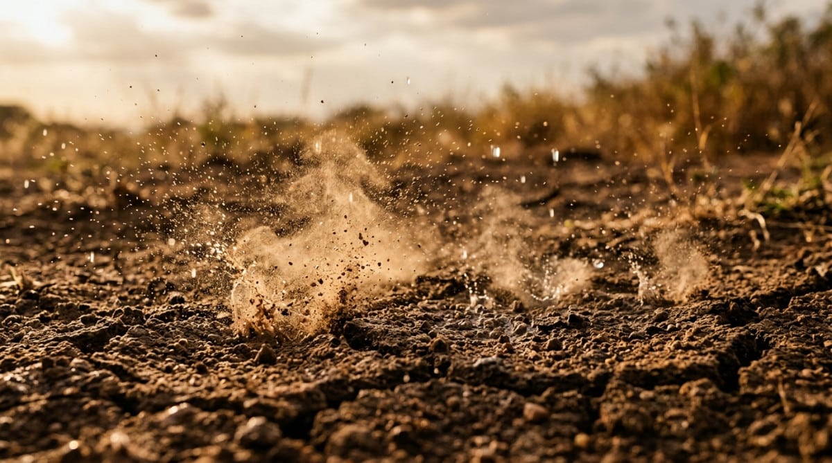 Gouttes de pluie sur sol sec libérant de la poussière