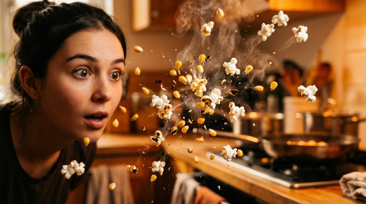 Grains de pop-corn qui explosent en gros plan