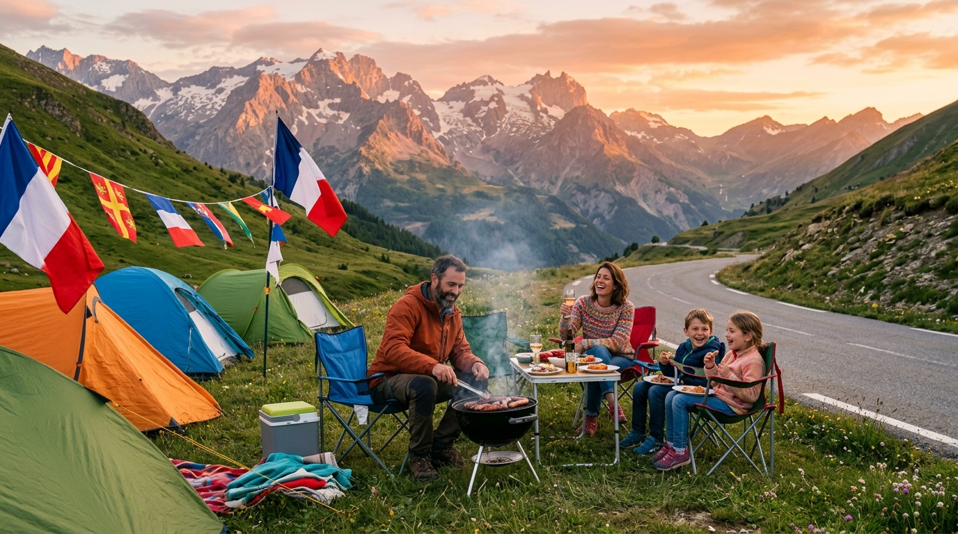 Camping-caristes installés sur un col de montagne