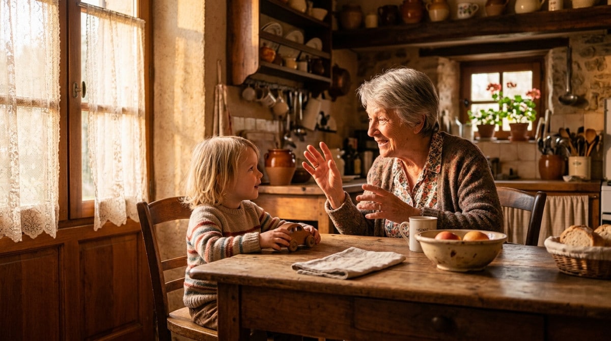 Grand-mère et petit-enfant discutant à table en famille