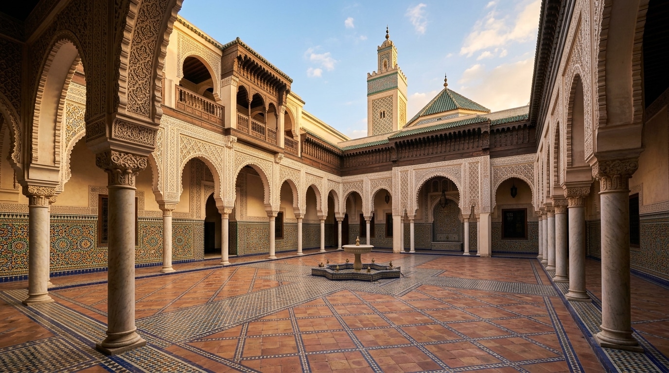 Cour intérieure de la Grande mosquée de Paris avec arcades et carrelages ornementaux