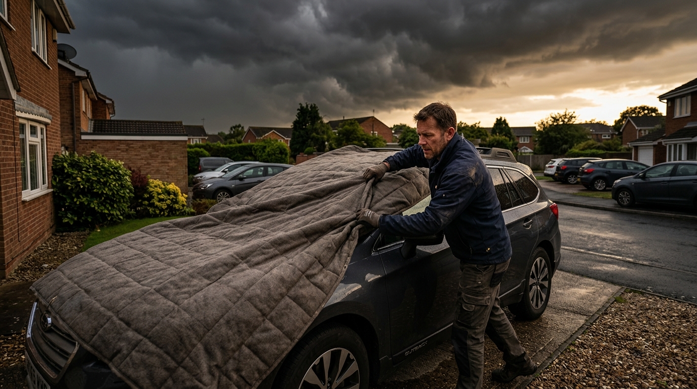 Homme protégeant sa voiture avec une bâche avant l'orage