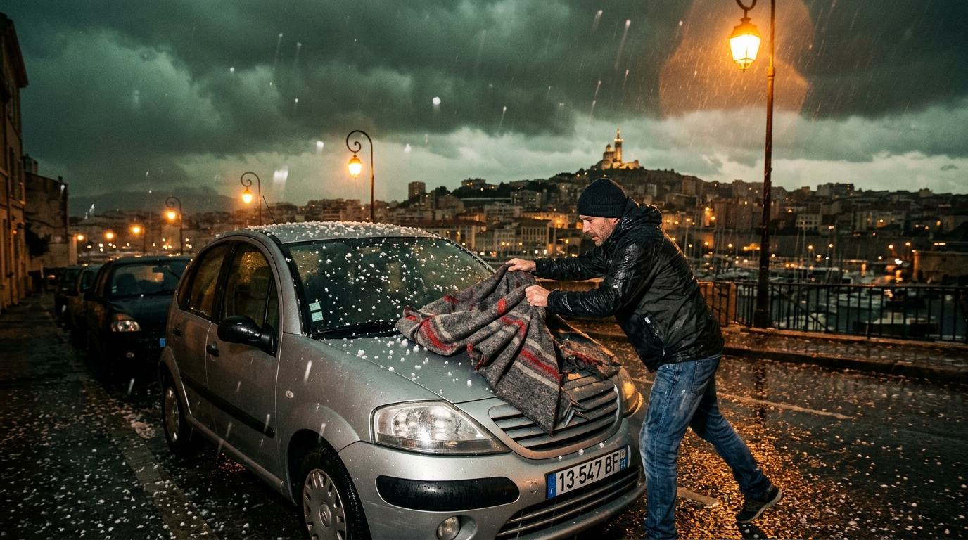 Automobiliste protégeant sa voiture pendant un orage de grêle