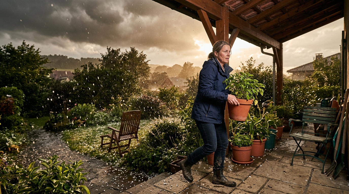 Femme rentrant des plantes de jardin avant l'orage