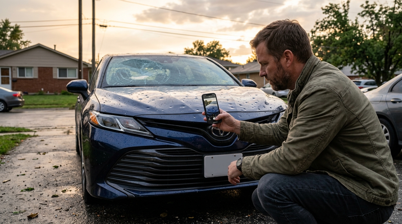 Homme photographiant les dégâts de grêle sur sa voiture