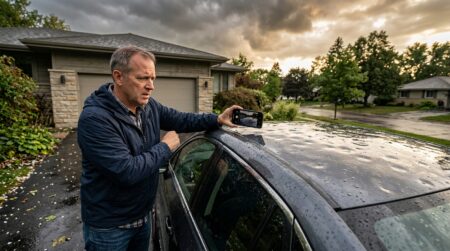 Homme photographiant les dégâts de grêle sur sa voiture