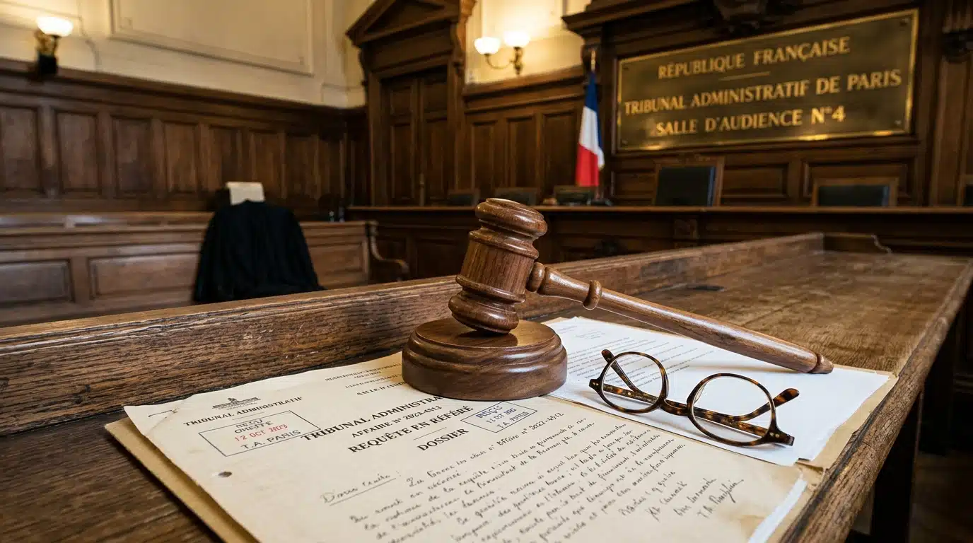 Marteau de justice posé sur des documents officiels du tribunal administratif