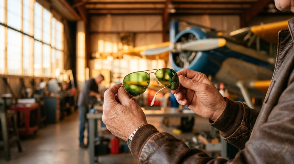 Gros plan sur des lunettes Ray-Ban aux verres verts