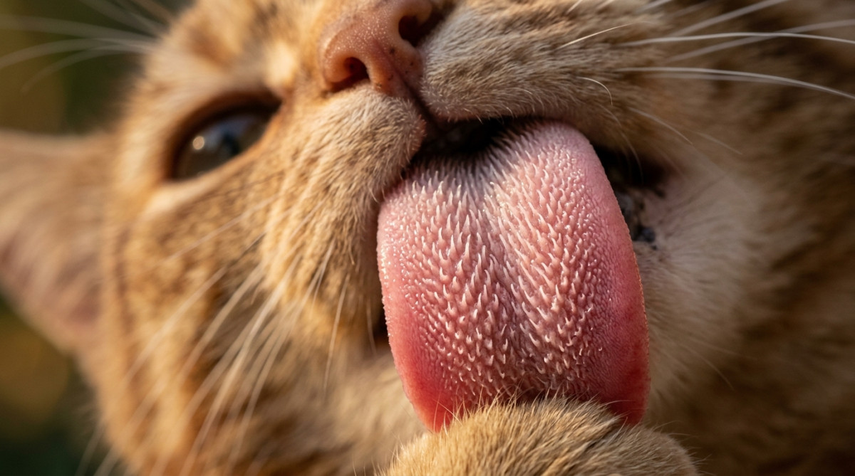 Gros plan sur la langue râpeuse d'un chat