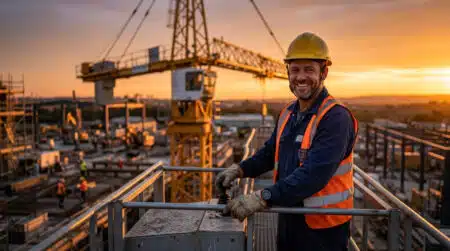 Grutier souriant sur un chantier au coucher du soleil