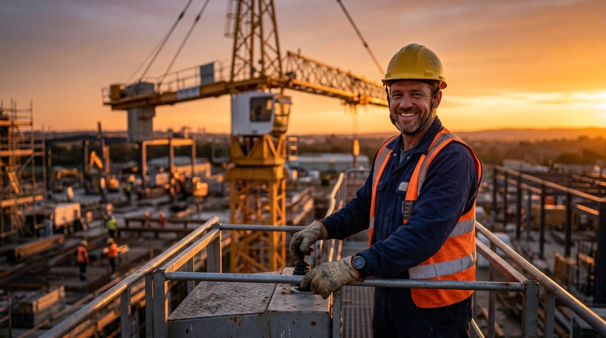 Grutier souriant sur un chantier au coucher du soleil