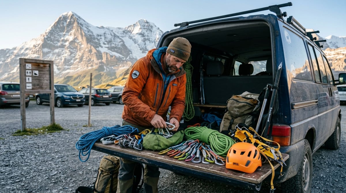 Guide de haute montagne vérifiant son matériel technique près du van