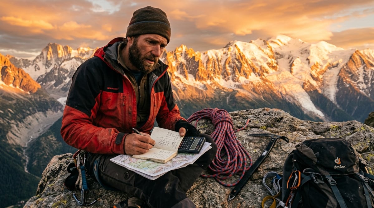 Guide de montagne consultant ses comptes face aux sommets alpins