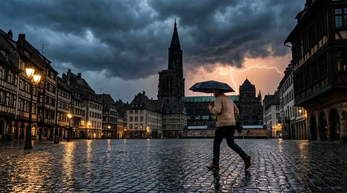 Habitant surpris par l'orage dans une rue de Strasbourg