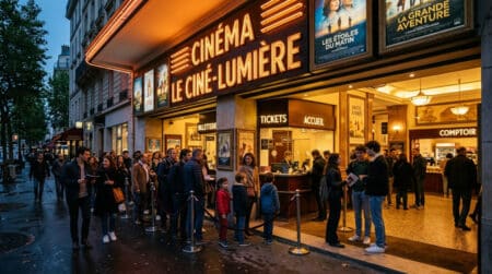 Hall de cinéma animé avec spectateurs en soirée
