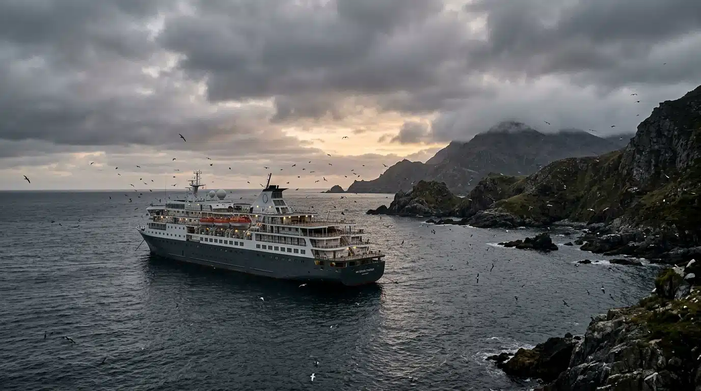 Navire de croisière ancré près d'une côte rocheuse