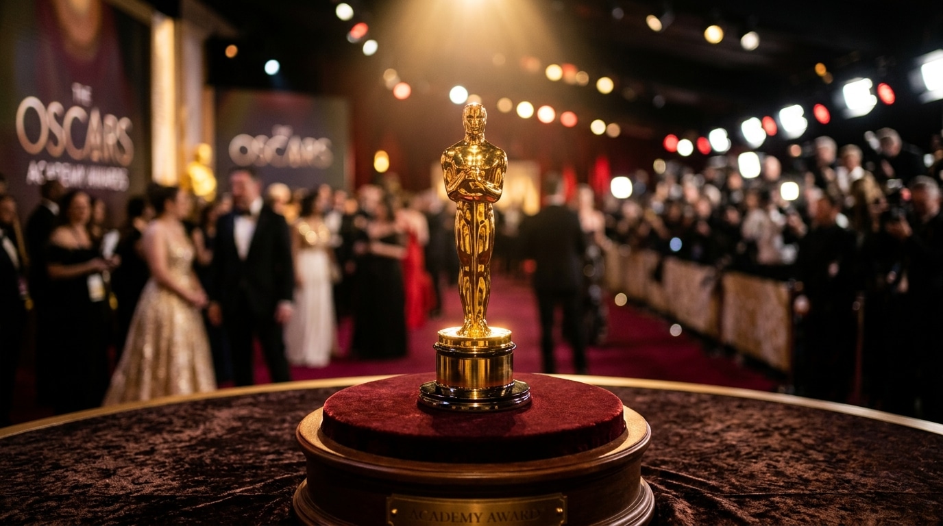 Statuette dorée des Oscars sous une lumière chaude sur un piédestal de velours