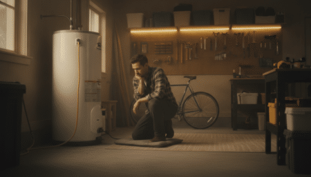 Homme observant son ballon d'eau chaude dans un garage