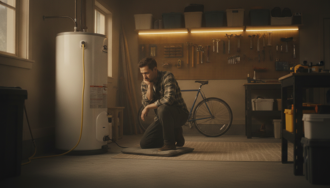 Homme observant son ballon d'eau chaude dans un garage