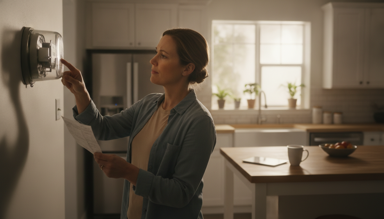Personne vérifiant sa facture d'électricité dans la cuisine