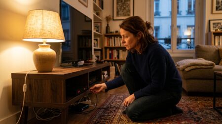 Femme observant les appareils en veille dans son salon