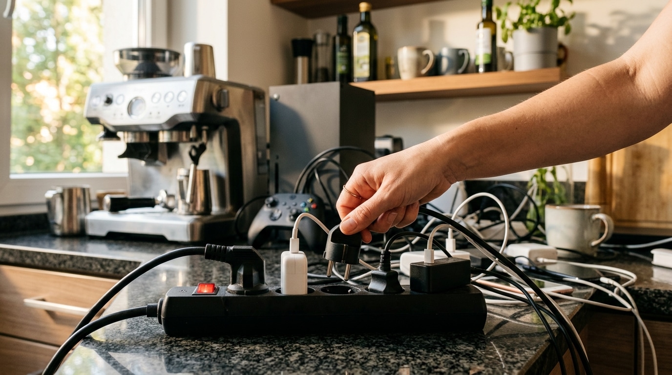 Main débranchant une multiprise avec chargeurs et cafetière