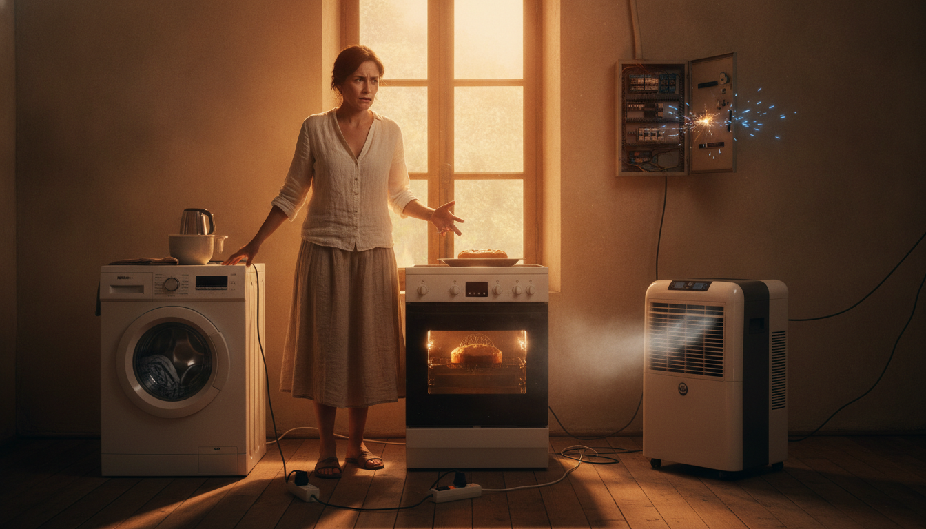 Femme inquiète dans une cuisine avec plusieurs appareils électriques en marche
