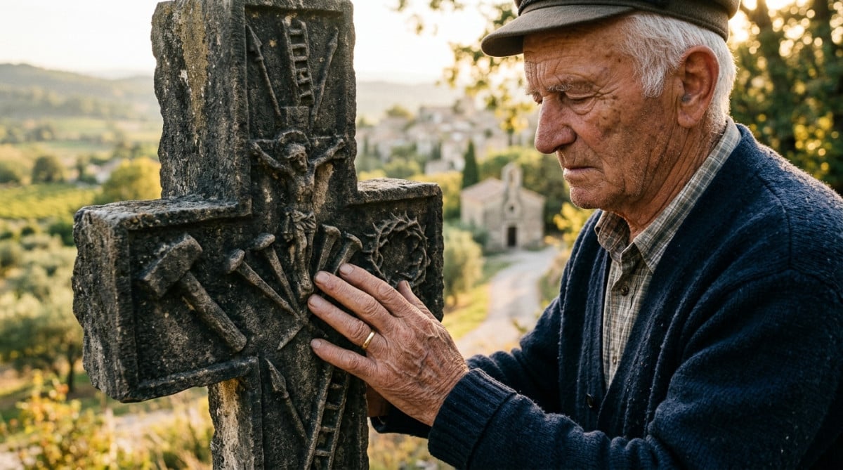 Homme âgé observant les symboles gravés sur une croix de mission