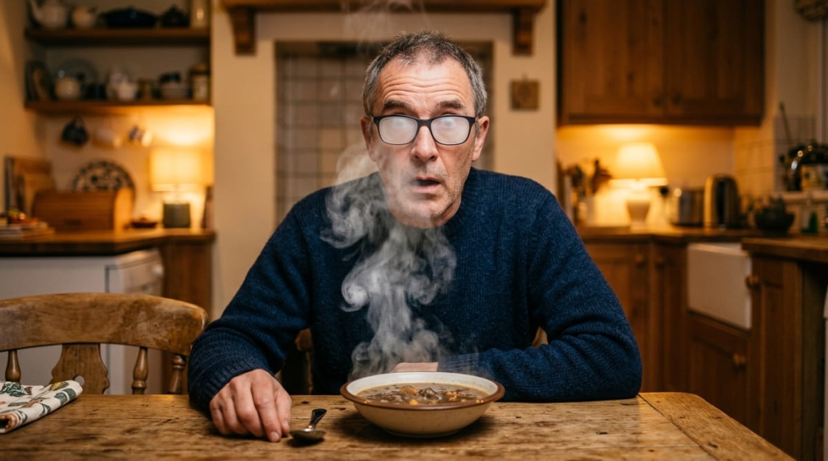 Homme avec des lunettes embuées devant un bol de soupe