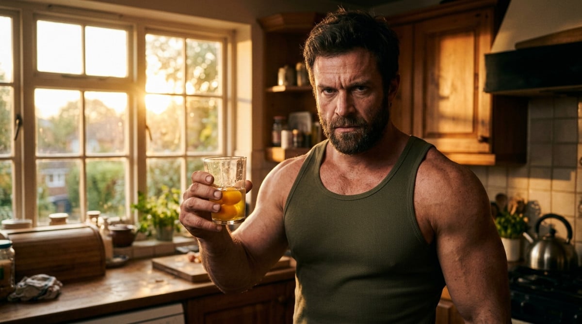 Homme buvant des œufs crus façon Rocky Balboa