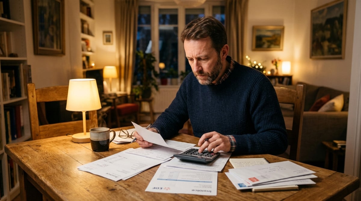 Homme calculant son budget mensuel à table