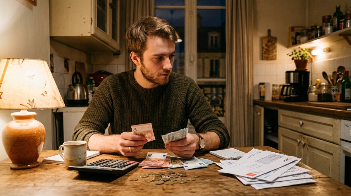 Homme calculant son budget mensuel dans sa cuisine