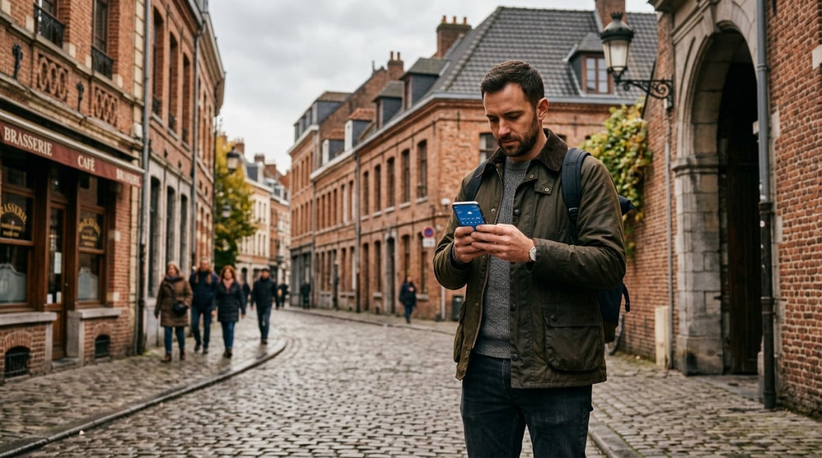 Homme consultant la météo un matin frais à Lille
