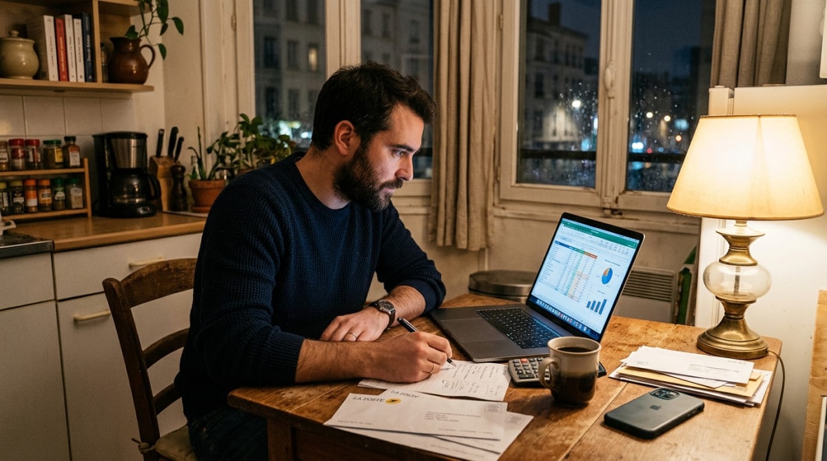 Homme consultant son budget mensuel sur ordinateur le soir