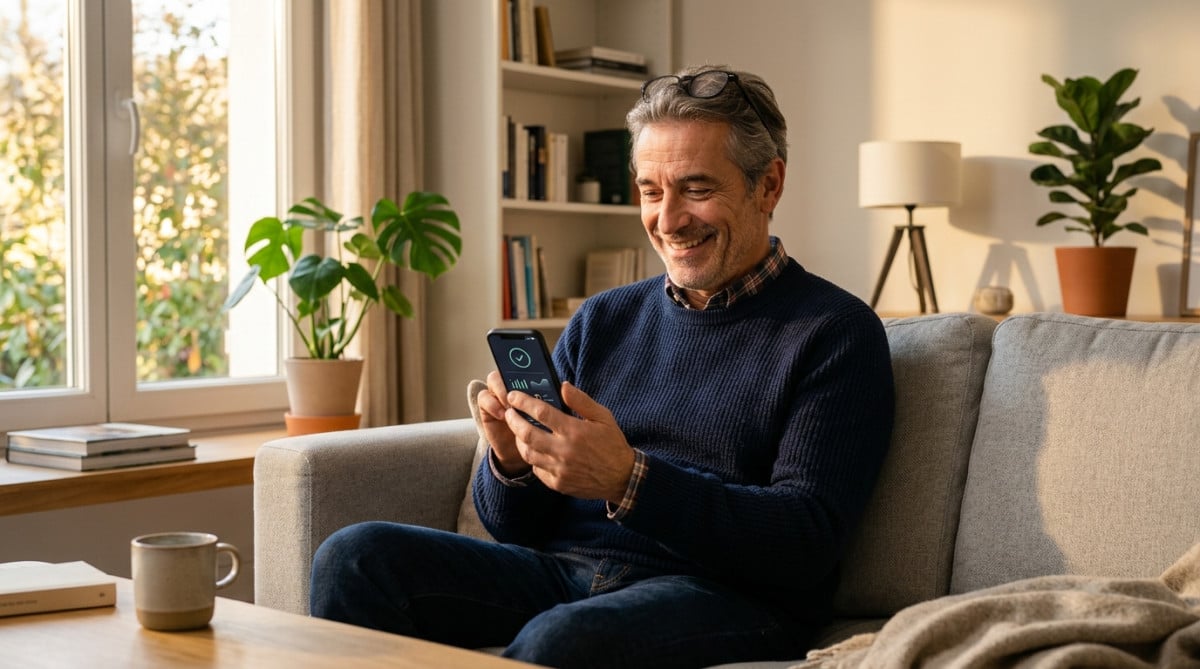Homme consultant son remboursement santé sur smartphone en 2026