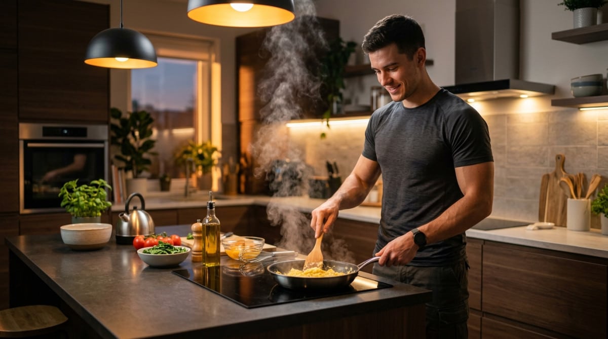Homme cuisinant des œufs brouillés pour ses muscles