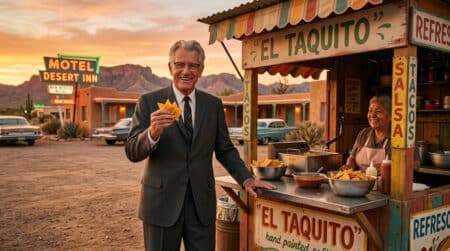 Homme découvrant des chips tortillas dans un stand mexicain