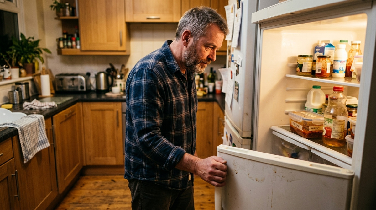 Homme découvrant des restes oubliés au réfrigérateur