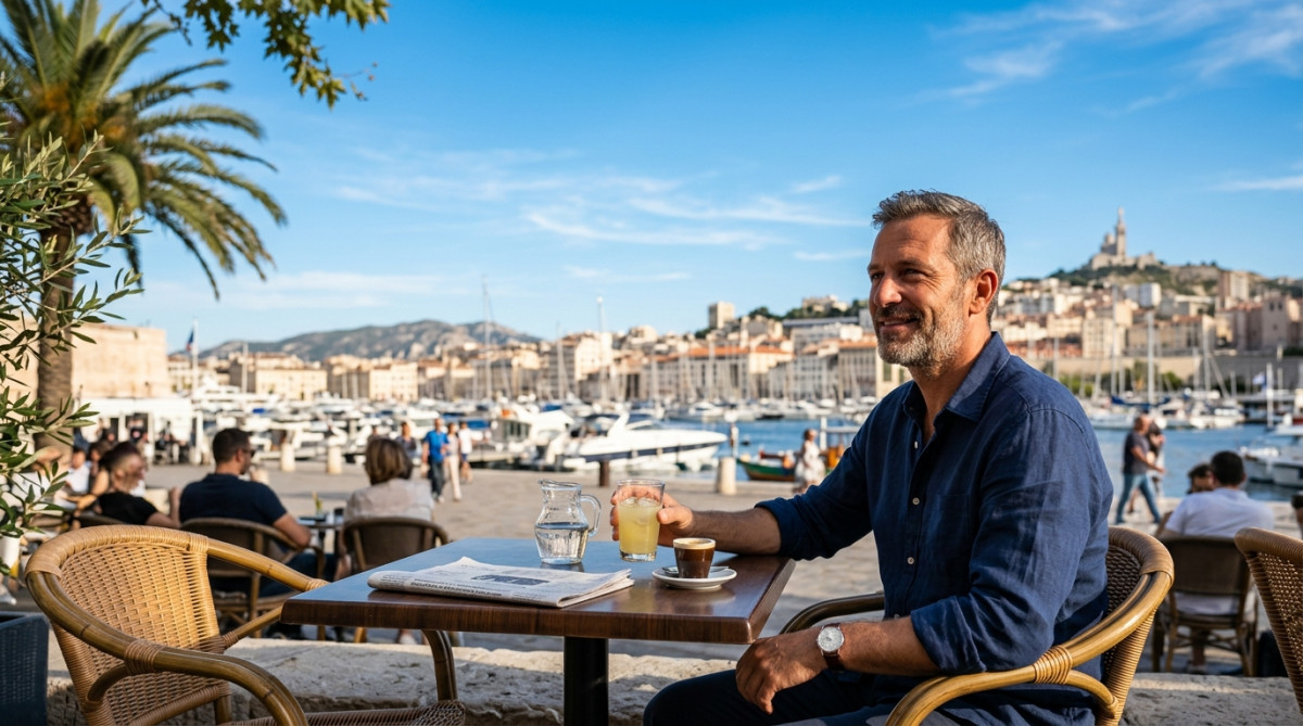 Homme détendu à Marseille sous un ciel dégagé
