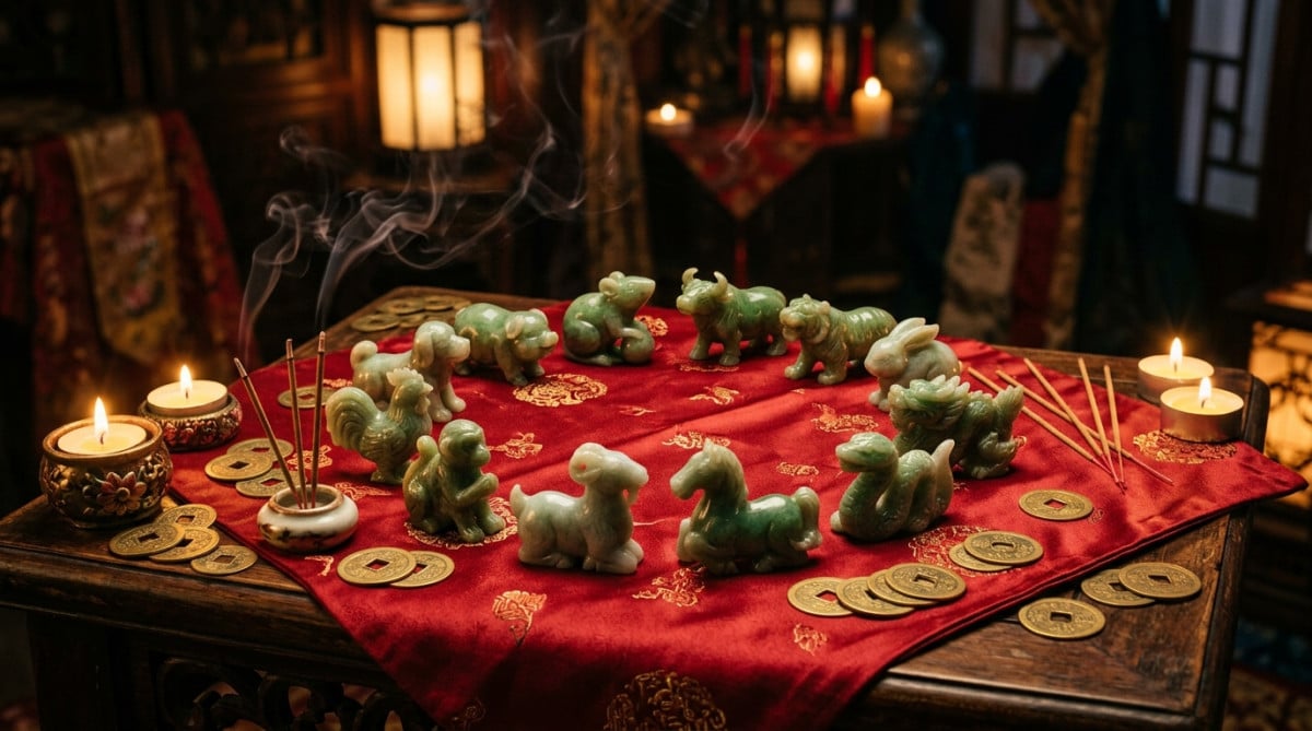 Homme émerveillé contemplant des symboles du zodiaque chinois lumineux dans un ciel nocturne chaleureux